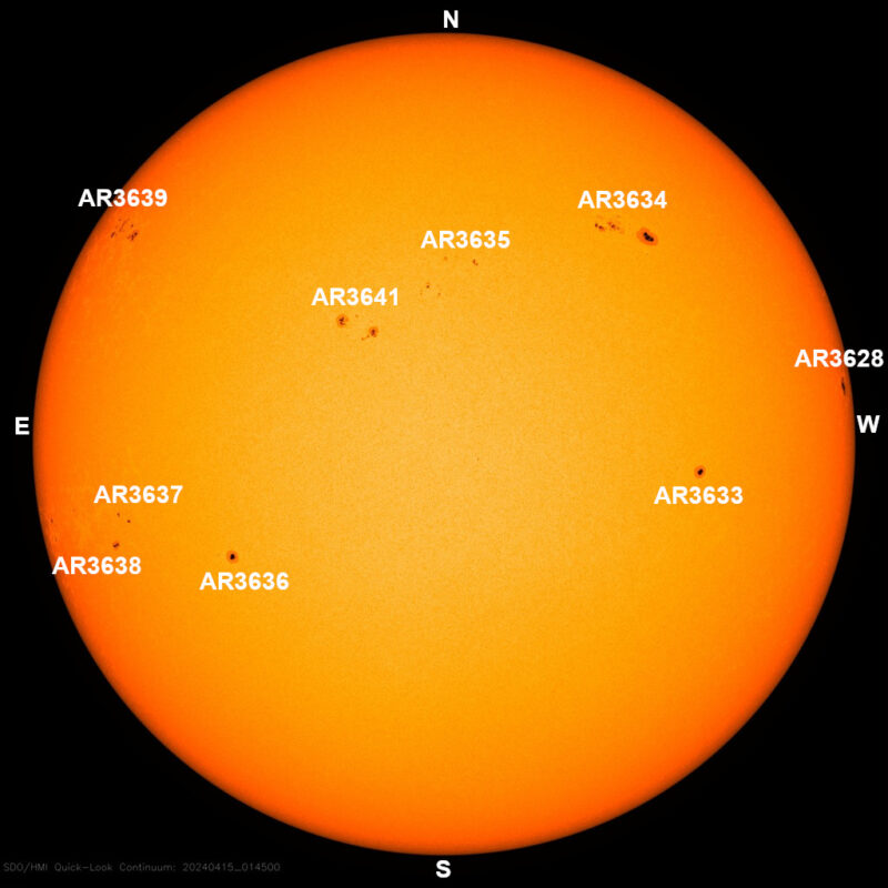 The sun, seen as a large yellow sphere with dark spots, each labeled.