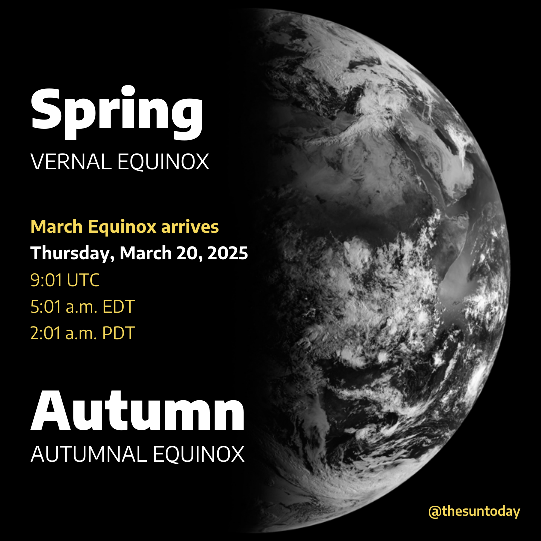 The 2025 March Equinox happens on Thursday, March 20, 2025,at 9:01 UTC • 5:01 a.m. EDT • 2:01 a.m. PDT