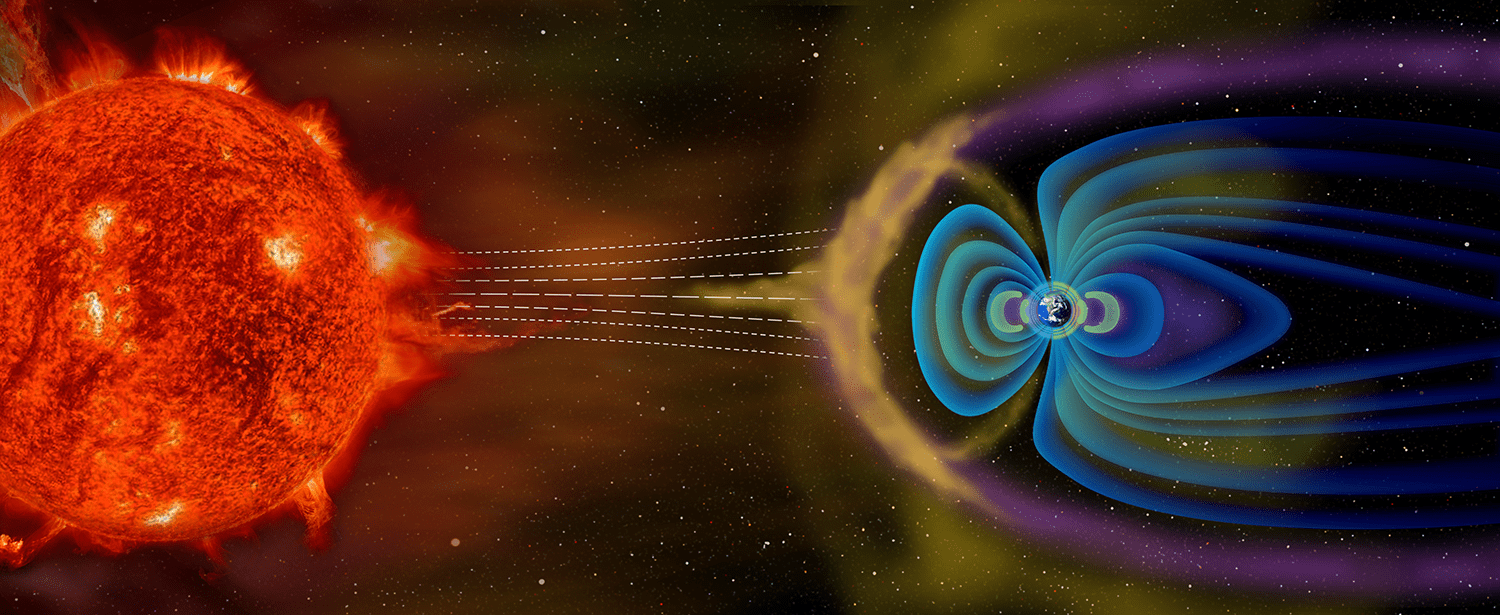 The magnetosphere is a bubble of magnetic fields that surrounds Earth, created by the natural magnetism of the planet.