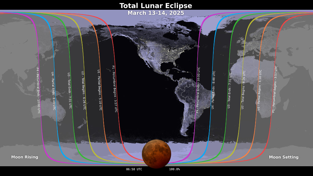 An map showing where the March 13-14, 2025 lunar eclipse is visible. Contours mark the edge of the visibility region at eclipse contact times. The map is centered on 102°13'W, the sublunar longitude at mid-eclipse. CREDIT: NASA & Ernie Wright (USRA)